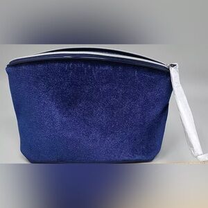 Lancome Dark Blue Velvet Luxury Makeup Cosmetics Bag Wrist Strap Zipper Clutch